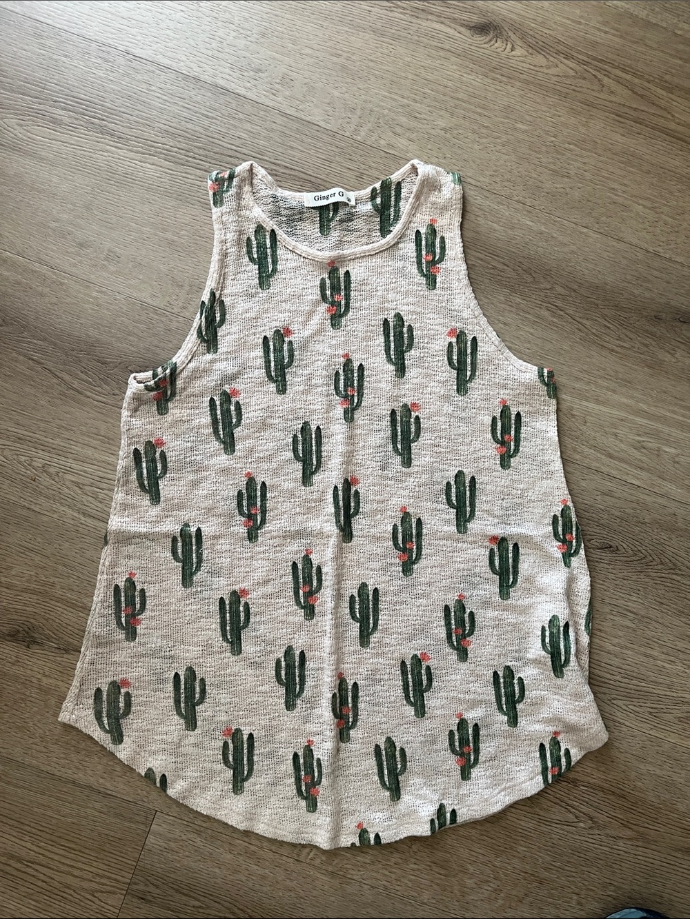 Ginger G Beige Tank Top with Green Cactus Print and Pink Accents